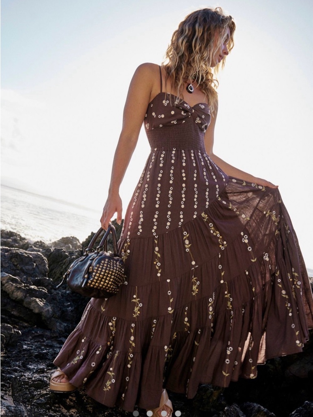 Free People Brown Maxi Dress with Cream Floral Embroidery